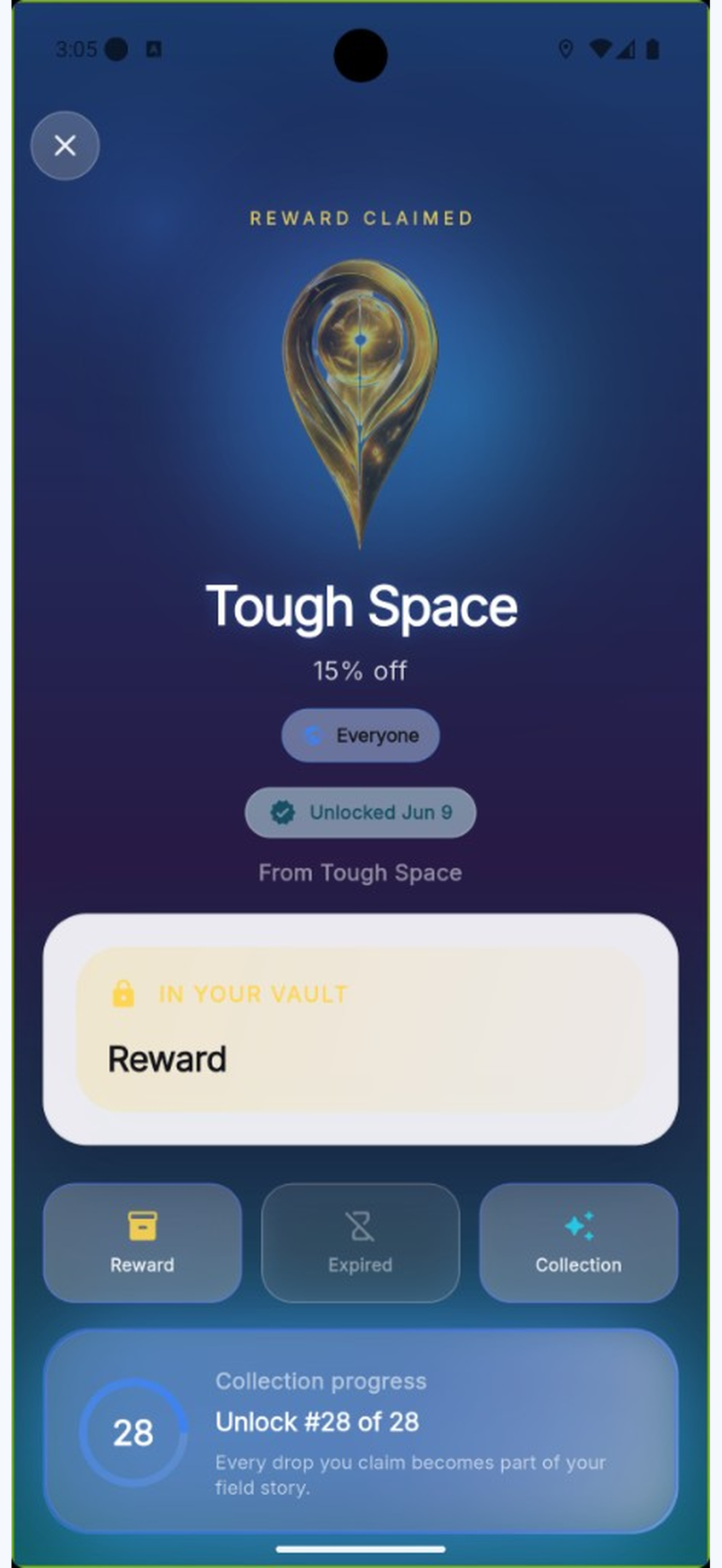 Dropverse reward claimed screen showing 15% off